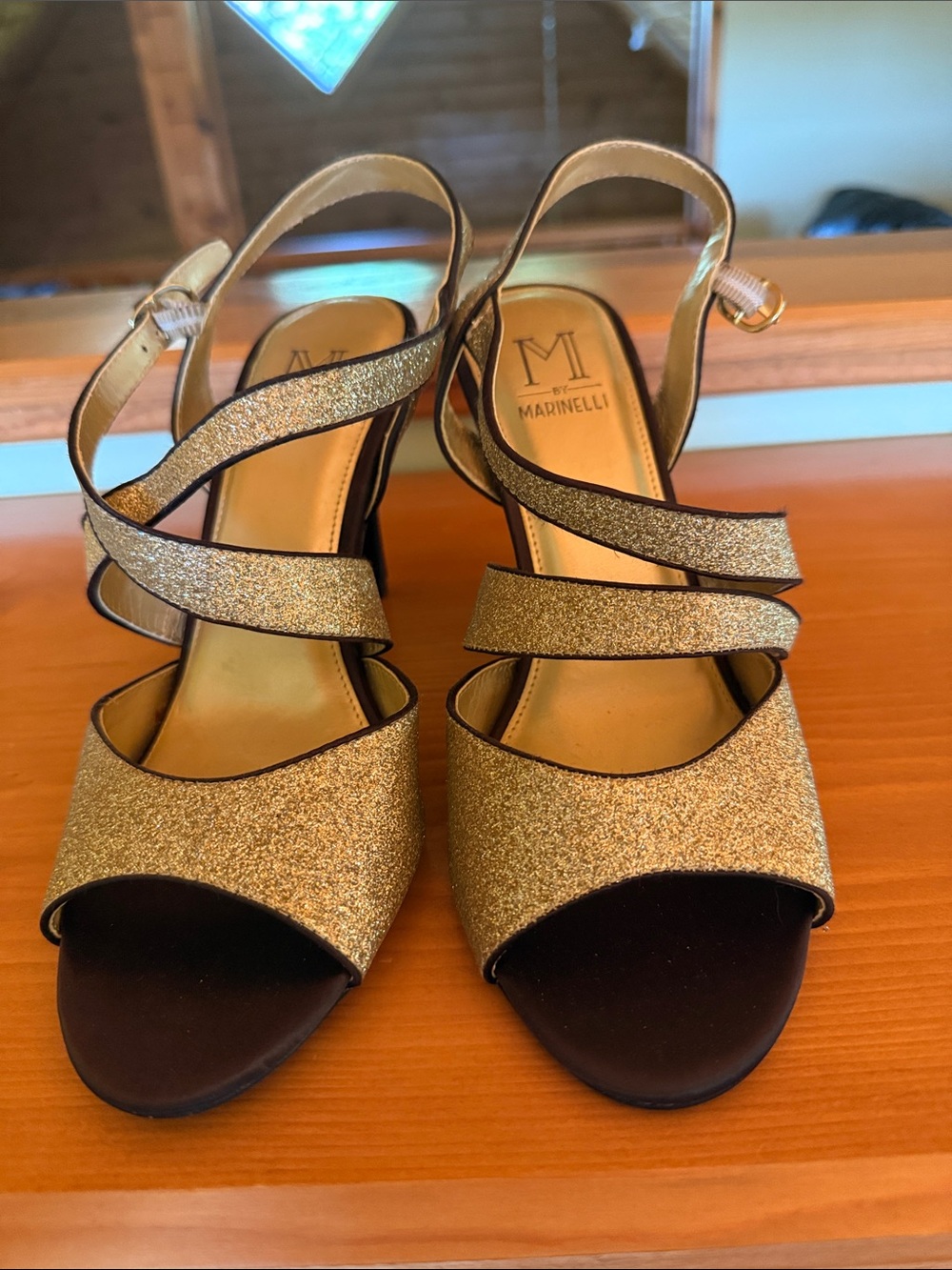 Marinelli Gold Glitter Strappy Slingback Heels for Women